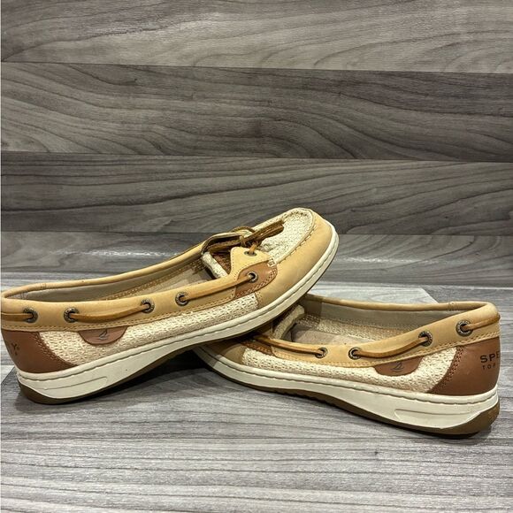 Sperry Top-Sider Angelfish Tan Linen Boat Shoes Women’s 9.5M Leather Trim - Picture 3 of 6